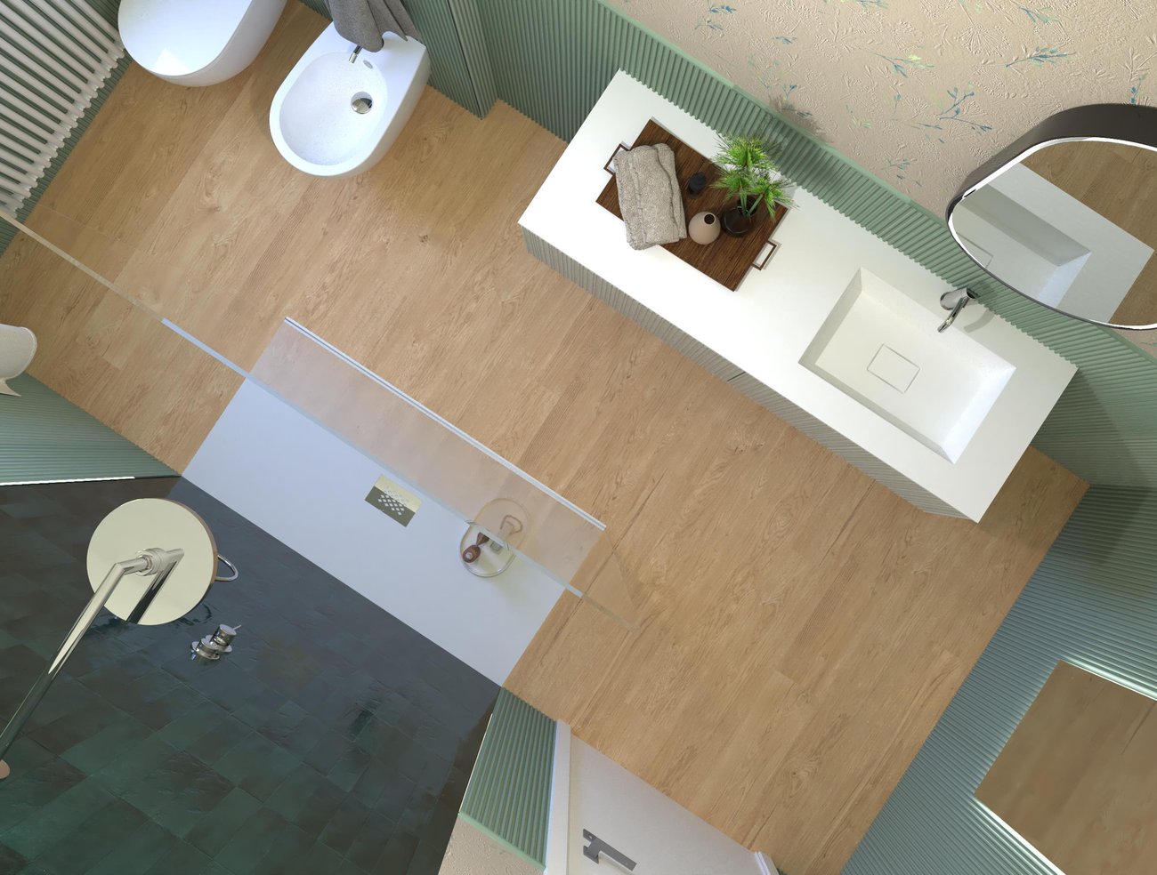 Bathroom design image in Rectangular shape, created with floor tiles PLEIN AIR and wall tiles GLIM, TRUE COLOR