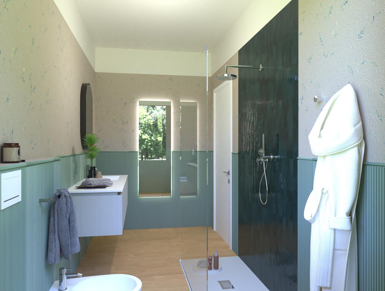 Bathroom design image in Rectangular shape, created with floor tiles PLEIN AIR and wall tiles GLIM, TRUE COLOR
