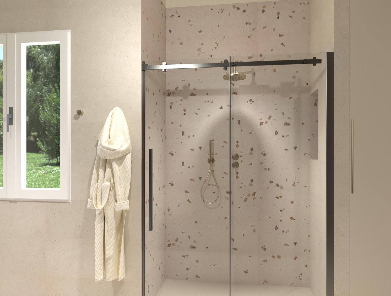 Immagine di progetto bagno di forma Rettangolare, realizzato con piastrelle a pavimento MATERIA PURA e piastrelle a rivestimento MATERIA PURA