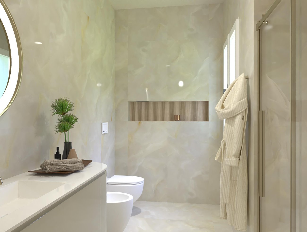 Bathroom design image in Rectangular shape, created with floor tiles GEMME and wall tiles MATERIA BRILLANTE, GEMME