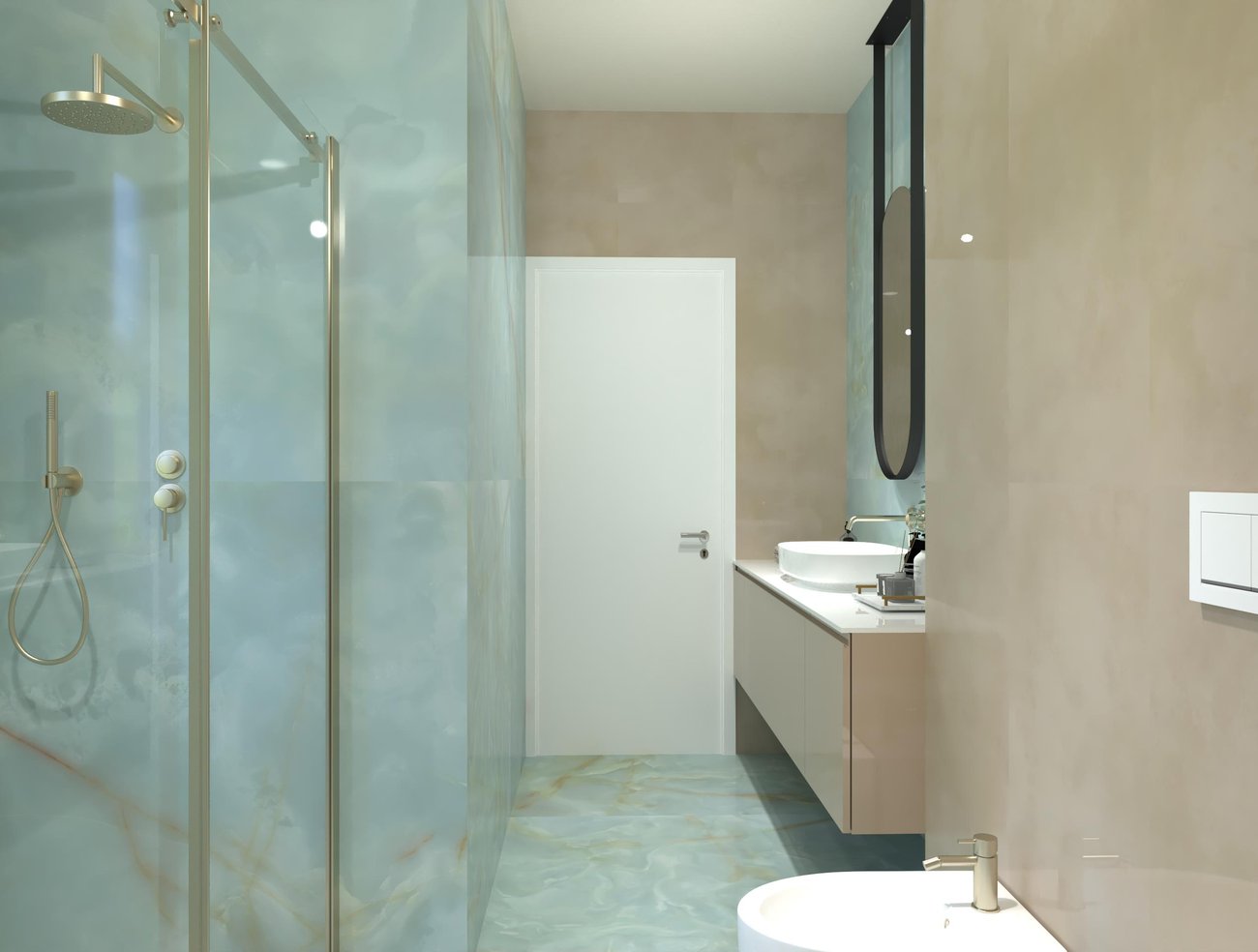 Bathroom design image in Rectangular shape, created with floor tiles GEMME and wall tiles MATERIA BRILLANTE, GEMME