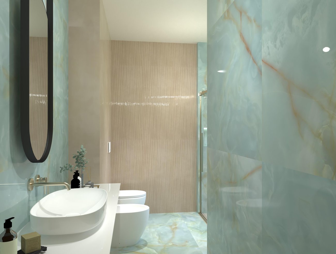 Bathroom design image in Rectangular shape, created with floor tiles GEMME and wall tiles MATERIA BRILLANTE, GEMME