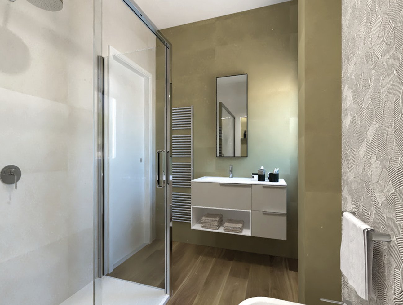 Image du projet de salle de bains de forme Rectangulaire, réalisée avec des carreaux de sol FAPNEST et carreaux muraux LUMINA SAND ART, SUMMER