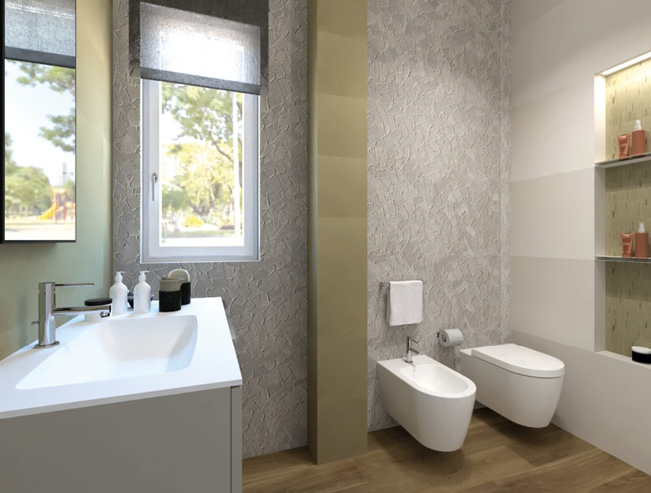 Image du projet de salle de bains de forme Rectangulaire, réalisée avec des carreaux de sol FAPNEST et carreaux muraux LUMINA SAND ART, SUMMER