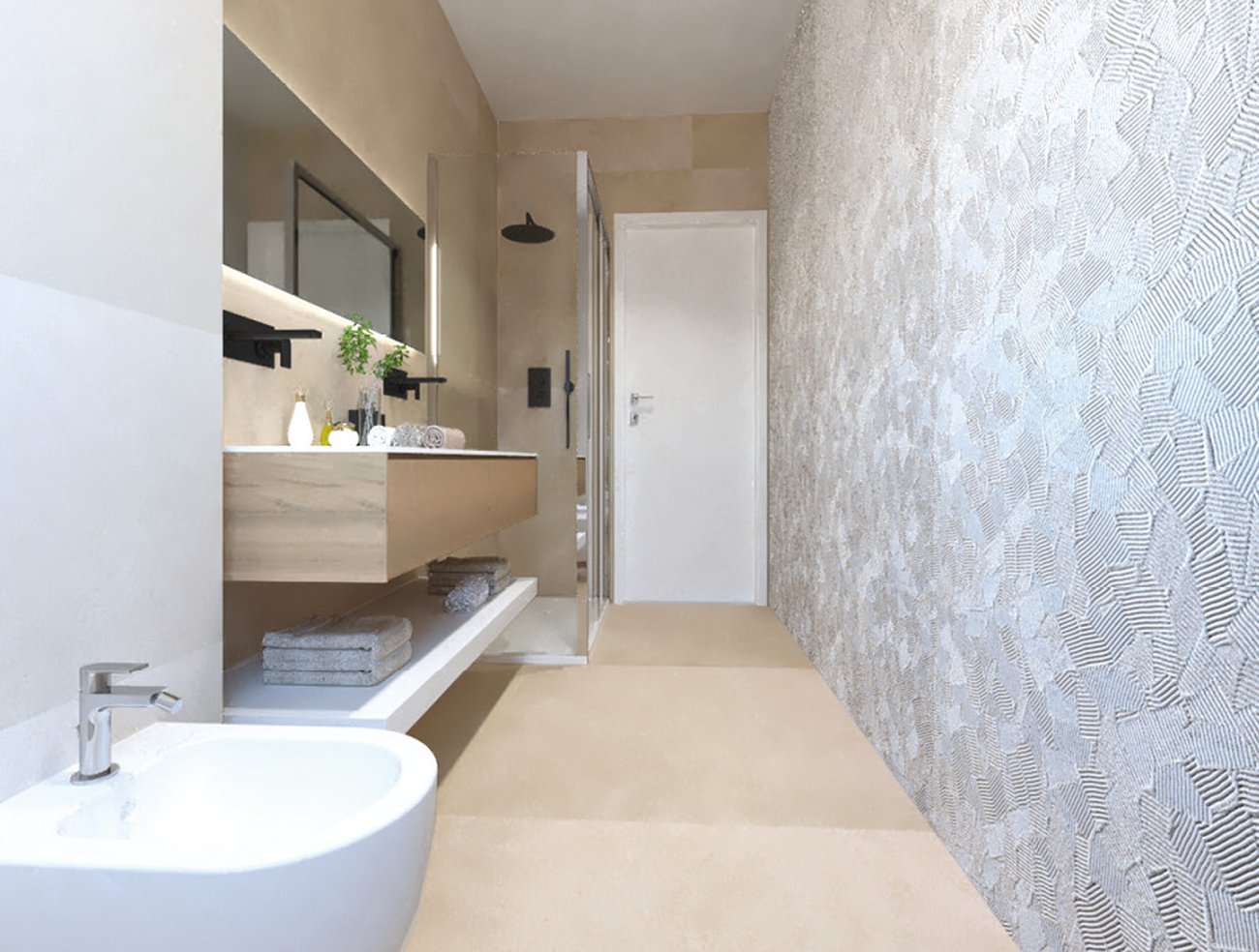 Image du projet de salle de bains de forme Rectangulaire, réalisée avec des carreaux de sol SUMMER et carreaux muraux LUMINA SAND ART, SUMMER