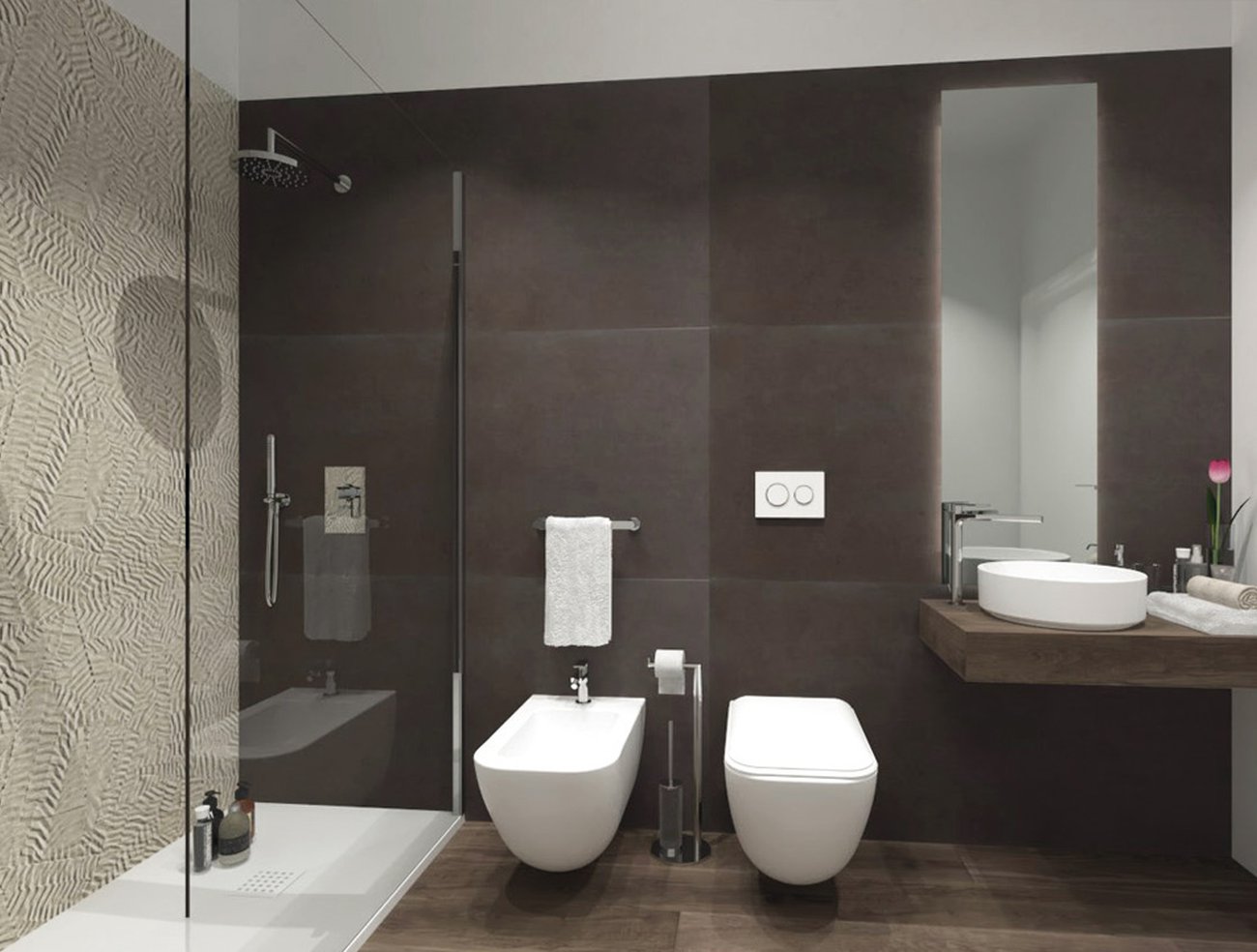 Изображение проекта ванной комнаты формы Прямоугольная, выполненного снапольной плиткой FAPNEST и настенная плитка BLOOM