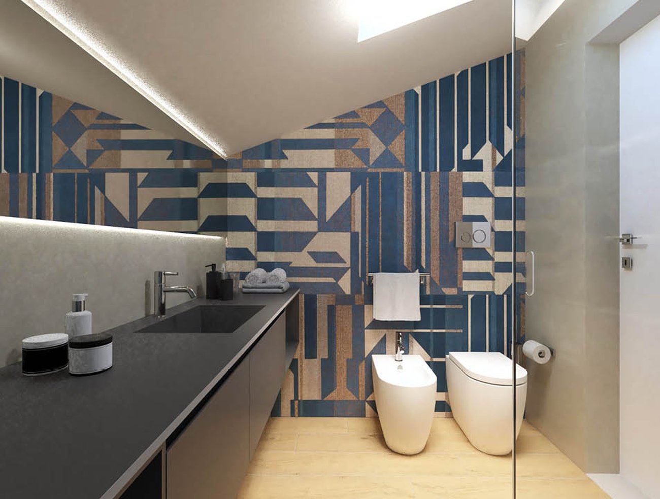 Imagen del proyecto de baño con forma Cuadrado, realizada con baldosas de suelo ROOTS y baldosas de pared FAP MURALS, BLOOM