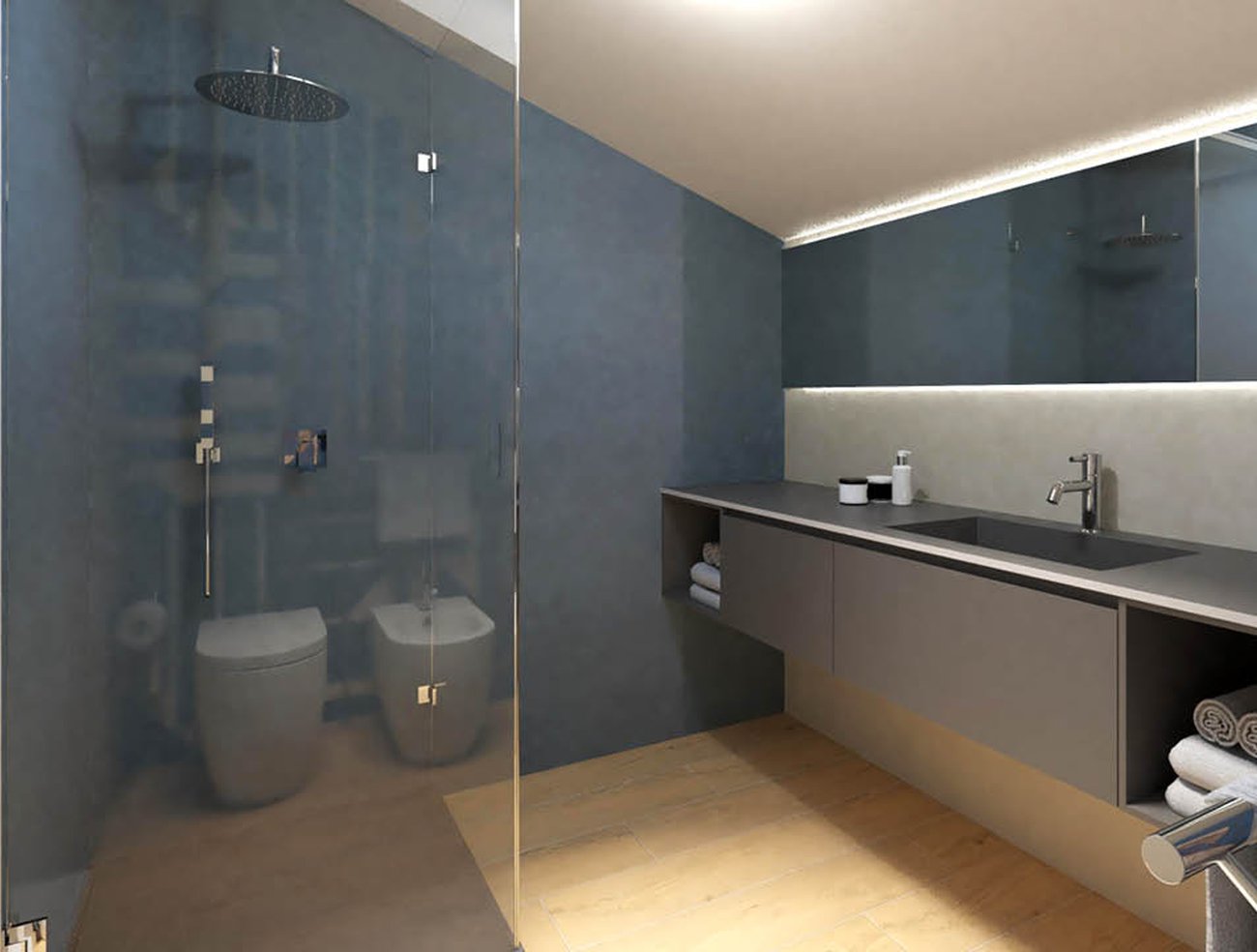 Imagen del proyecto de baño con forma Cuadrado, realizada con baldosas de suelo ROOTS y baldosas de pared FAP MURALS, BLOOM