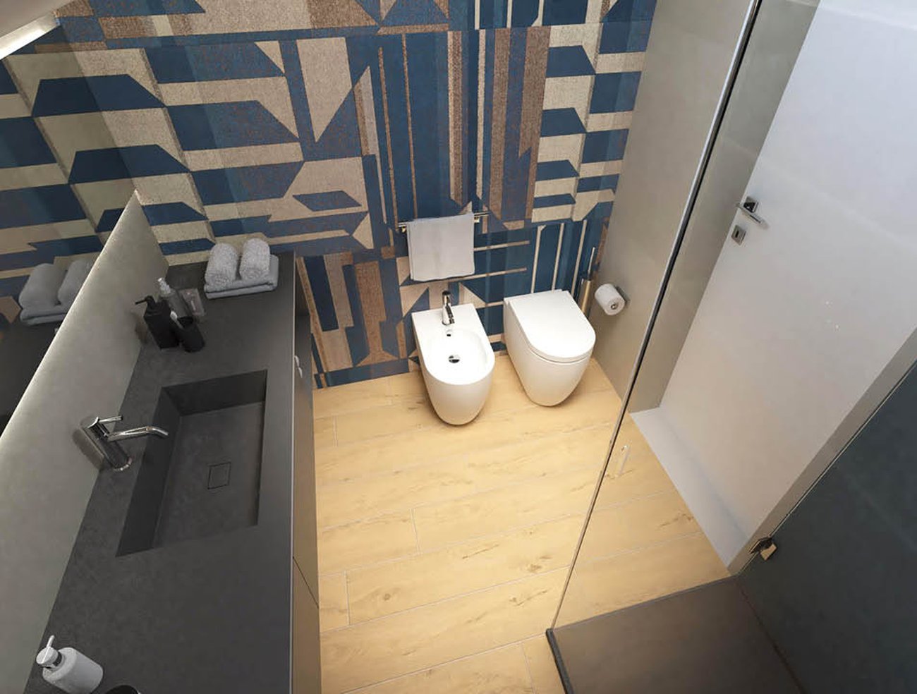 Imagen del proyecto de baño con forma Cuadrado, realizada con baldosas de suelo ROOTS y baldosas de pared FAP MURALS, BLOOM