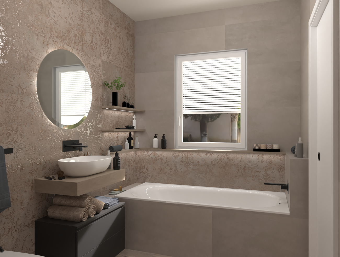 Bathroom design image in Rectangular shape, created with floor tiles ROOTS and wall tiles YLICO