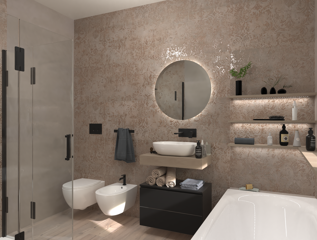 Bathroom design image in Rectangular shape, created with floor tiles ROOTS and wall tiles YLICO
