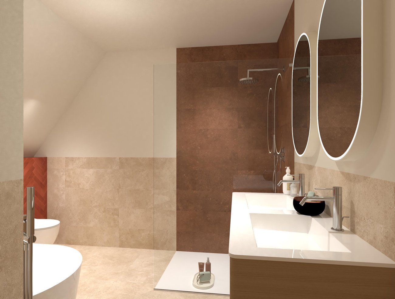 Bathroom design image in Squared shape, created with floor tiles NOBU and wall tiles GLIM, NOBU, OXIDE