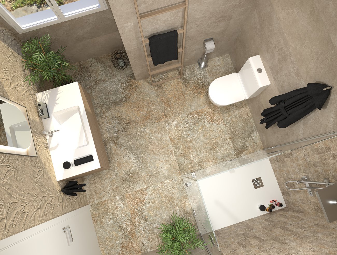 Bathroom design image in Squared shape, created with floor tiles NOBU and wall tiles NOBU