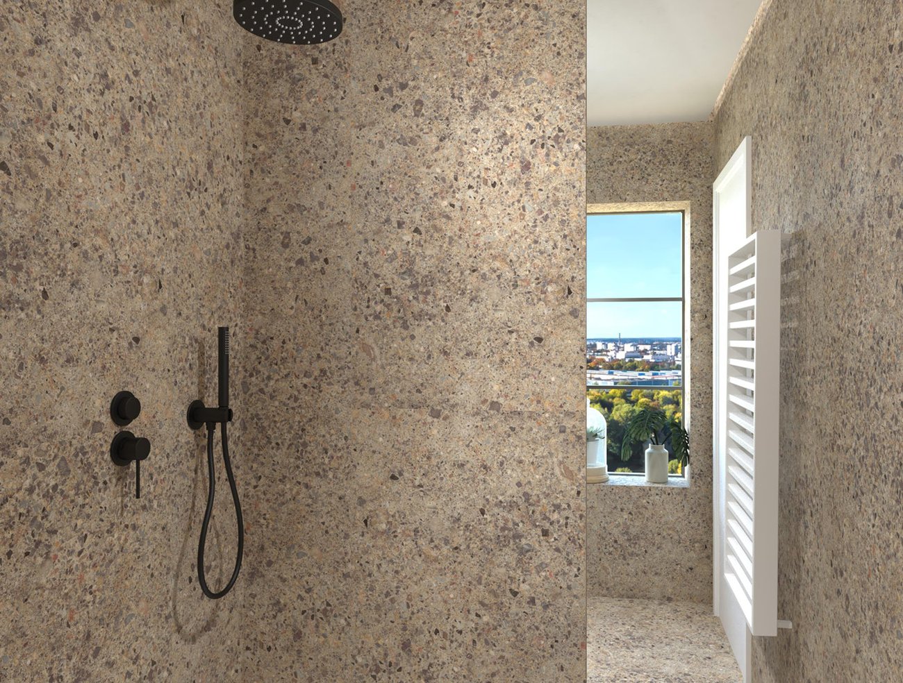 Bathroom design image in Rectangular shape, created with floor tiles MATERIA ECLETTICA and wall tiles MATERIA BRILLANTE, MATERIA ECLETTICA