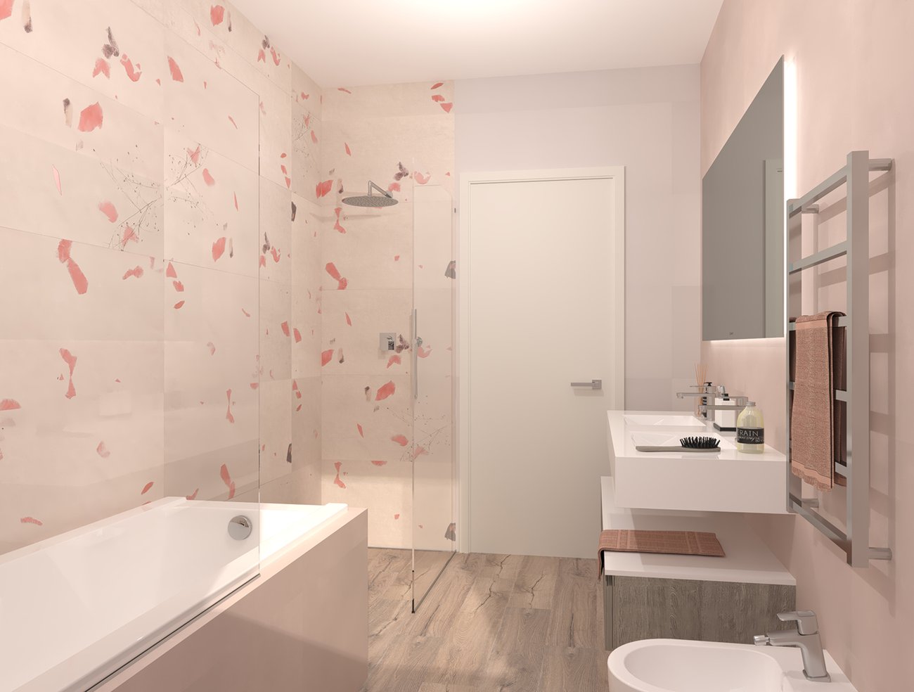 Bathroom design image in Rectangular shape, created with floor tiles ROOTS and wall tiles YLICO, MILANO MOOD