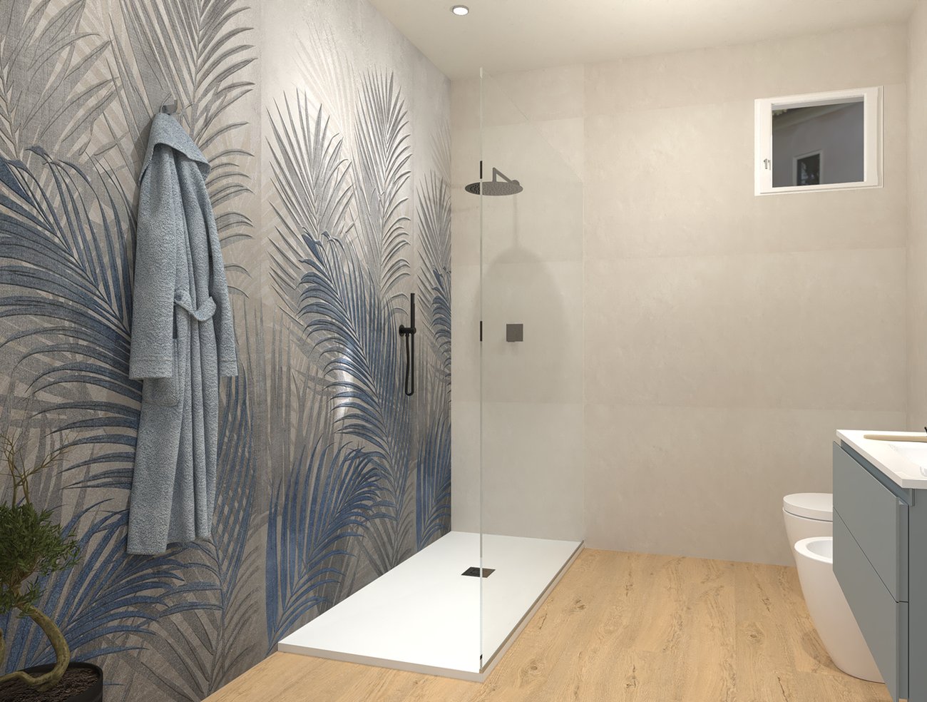 Bathroom design image in Rectangular shape, created with floor tiles ROOTS and wall tiles BLOOM