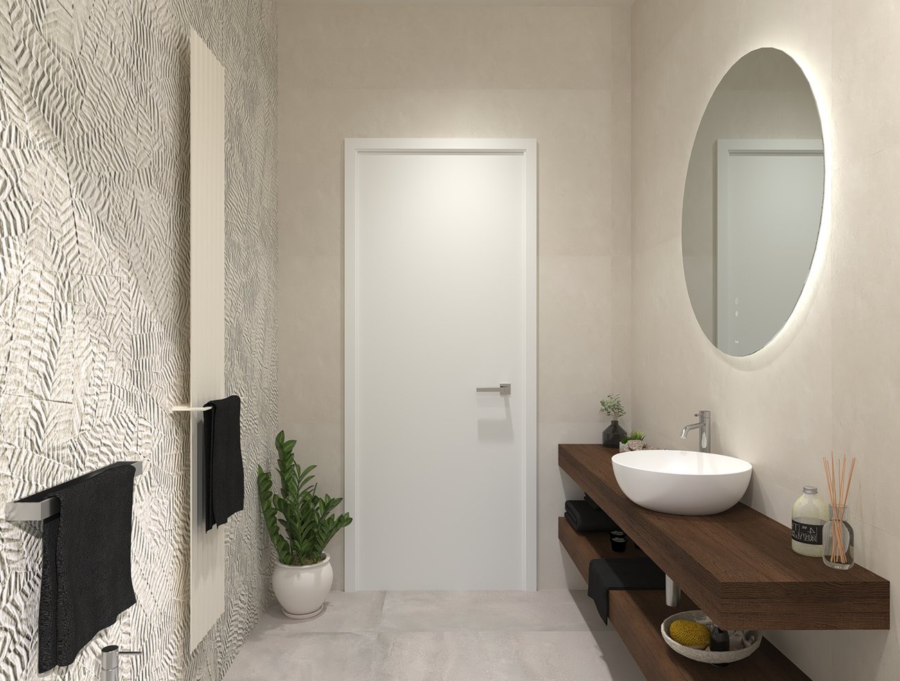 Bathroom design image in Rectangular shape, created with floor tiles YLICO, ROOTS and wall tiles BLOOM, ROOTS