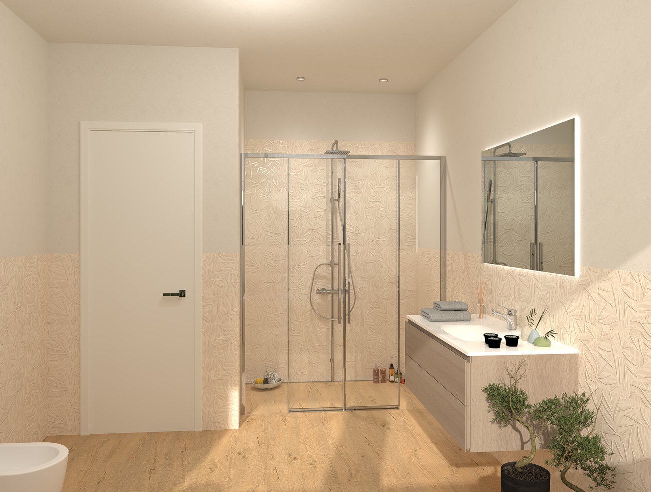 Bathroom design image in Rectangular shape, created with floor tiles ROOTS and wall tiles DECO&MORE