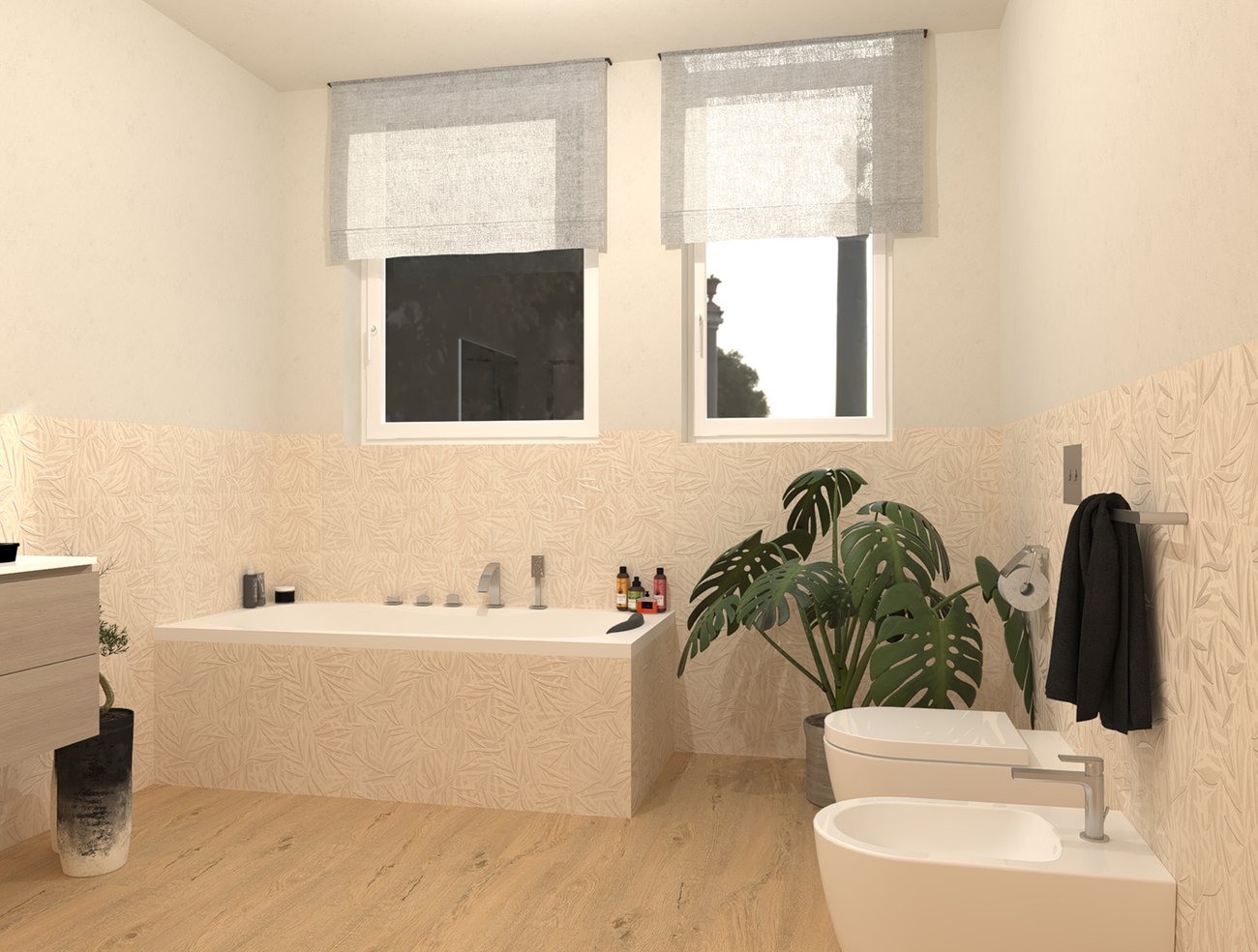 Bathroom design image in Rectangular shape, created with floor tiles ROOTS and wall tiles DECO&MORE