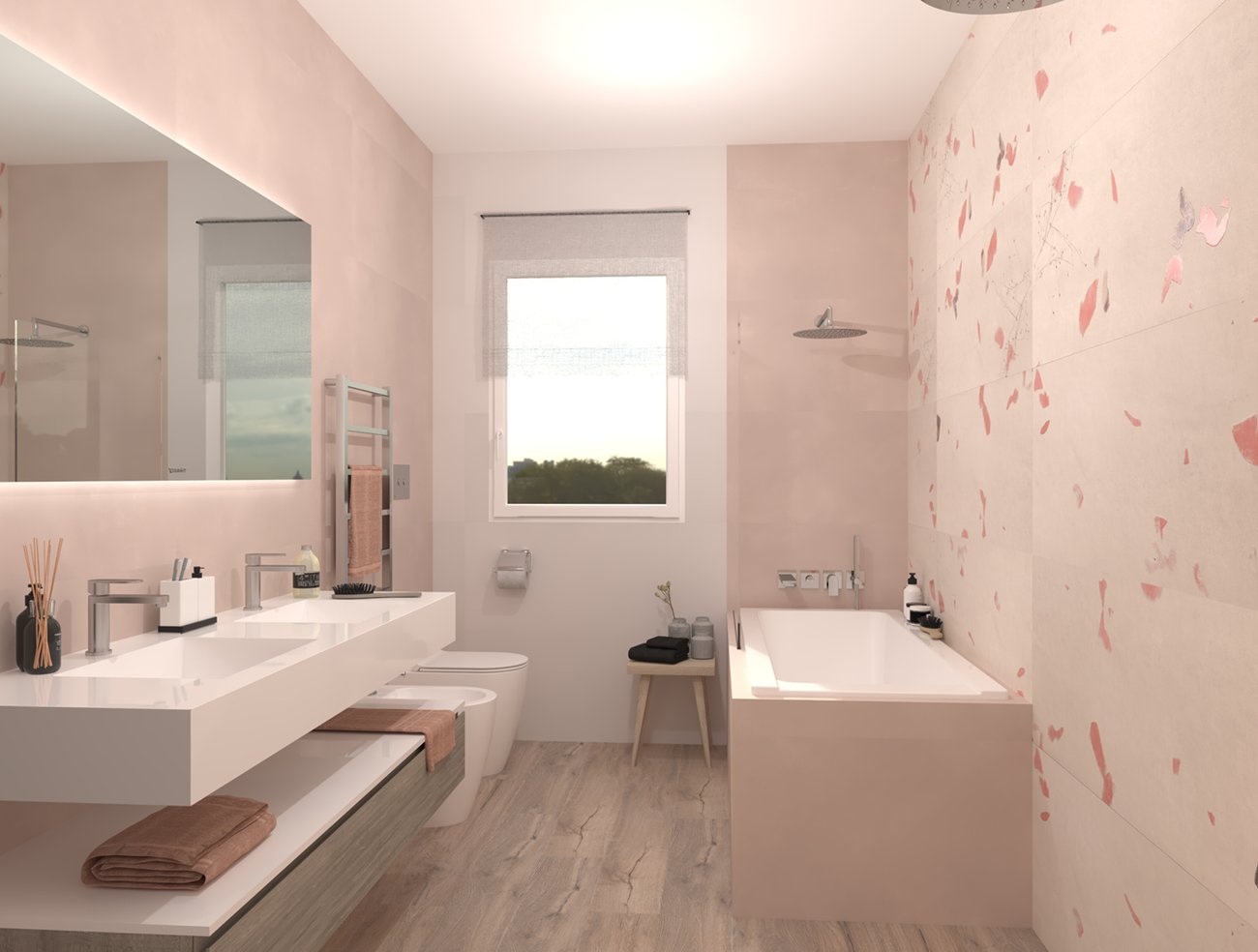 Bathroom design image in Rectangular shape, created with floor tiles ROOTS and wall tiles YLICO, MILANO MOOD