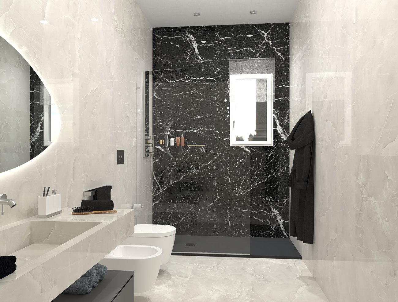 Image du projet de salle de bains de forme Rectangulaire, réalisée avec des carreaux de sol ROMA GOLD et carreaux muraux ROMA GOLD