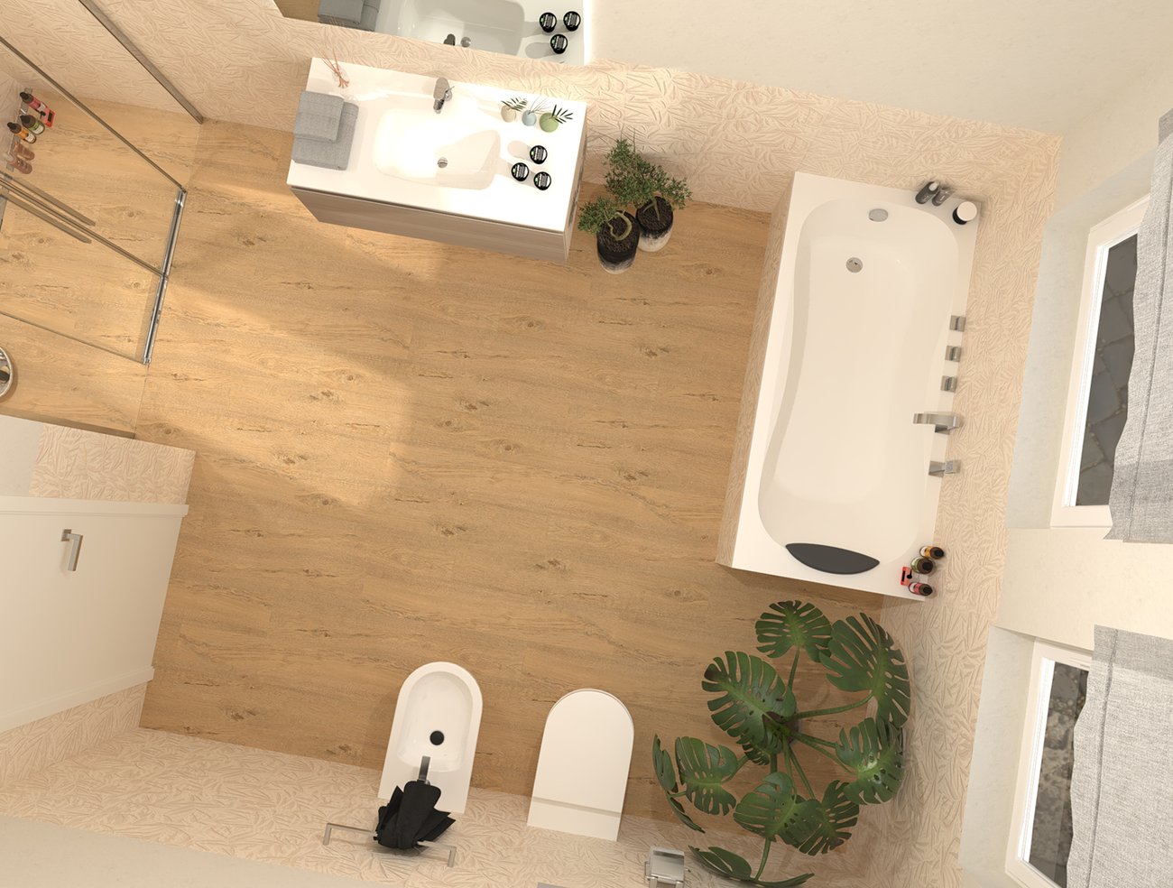 Bathroom design image in Rectangular shape, created with floor tiles ROOTS and wall tiles DECO&MORE