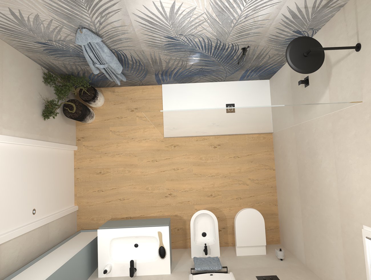 Bathroom design image in Rectangular shape, created with floor tiles ROOTS and wall tiles BLOOM