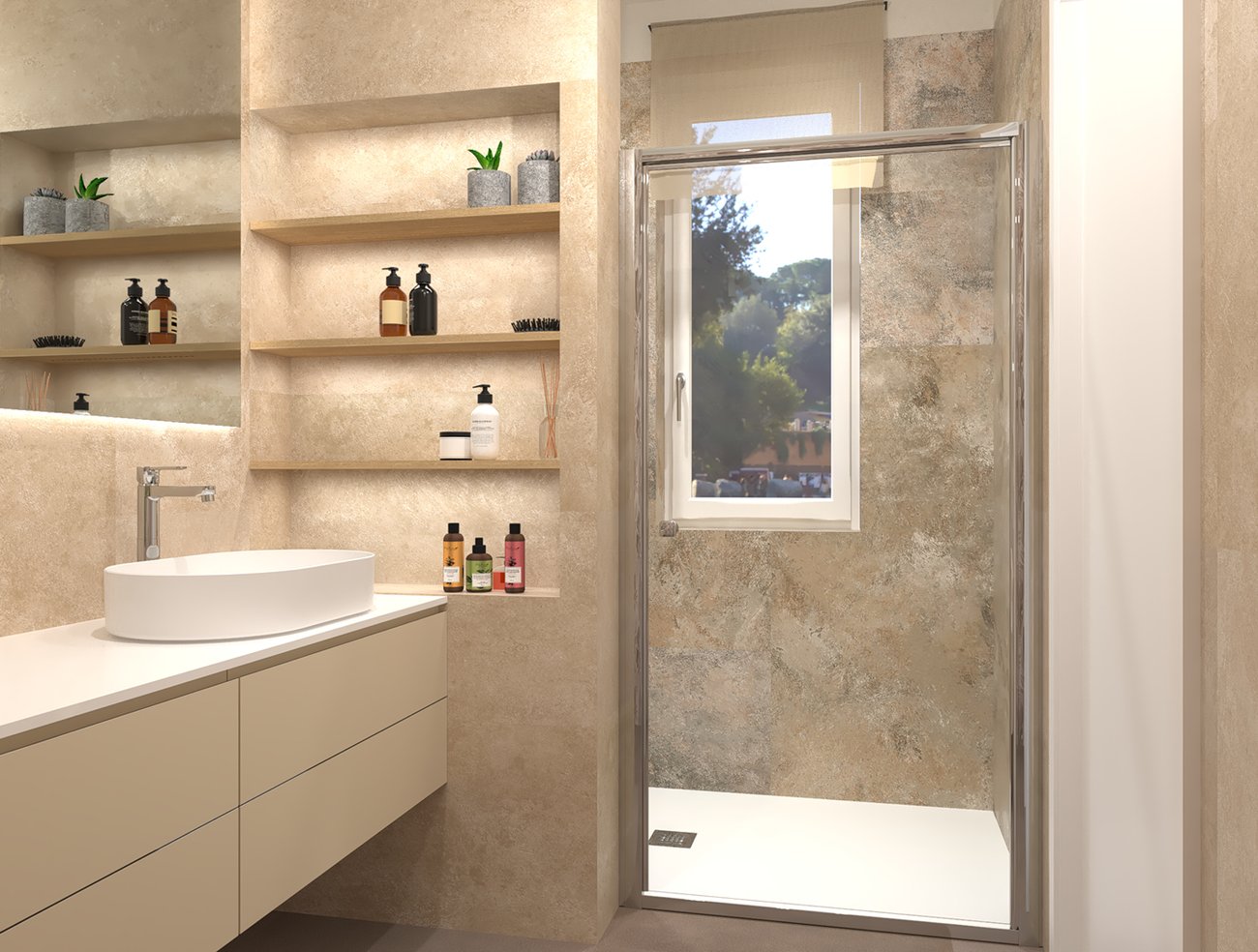 Bathroom design image in Rectangular shape, created with floor tiles SUMMER and wall tiles YLICO, NOBU