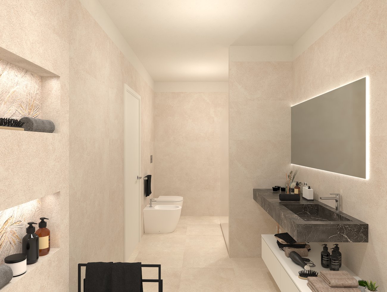 Bathroom design image in Rectangular shape, created with floor tiles NOBU and wall tiles NOBU
