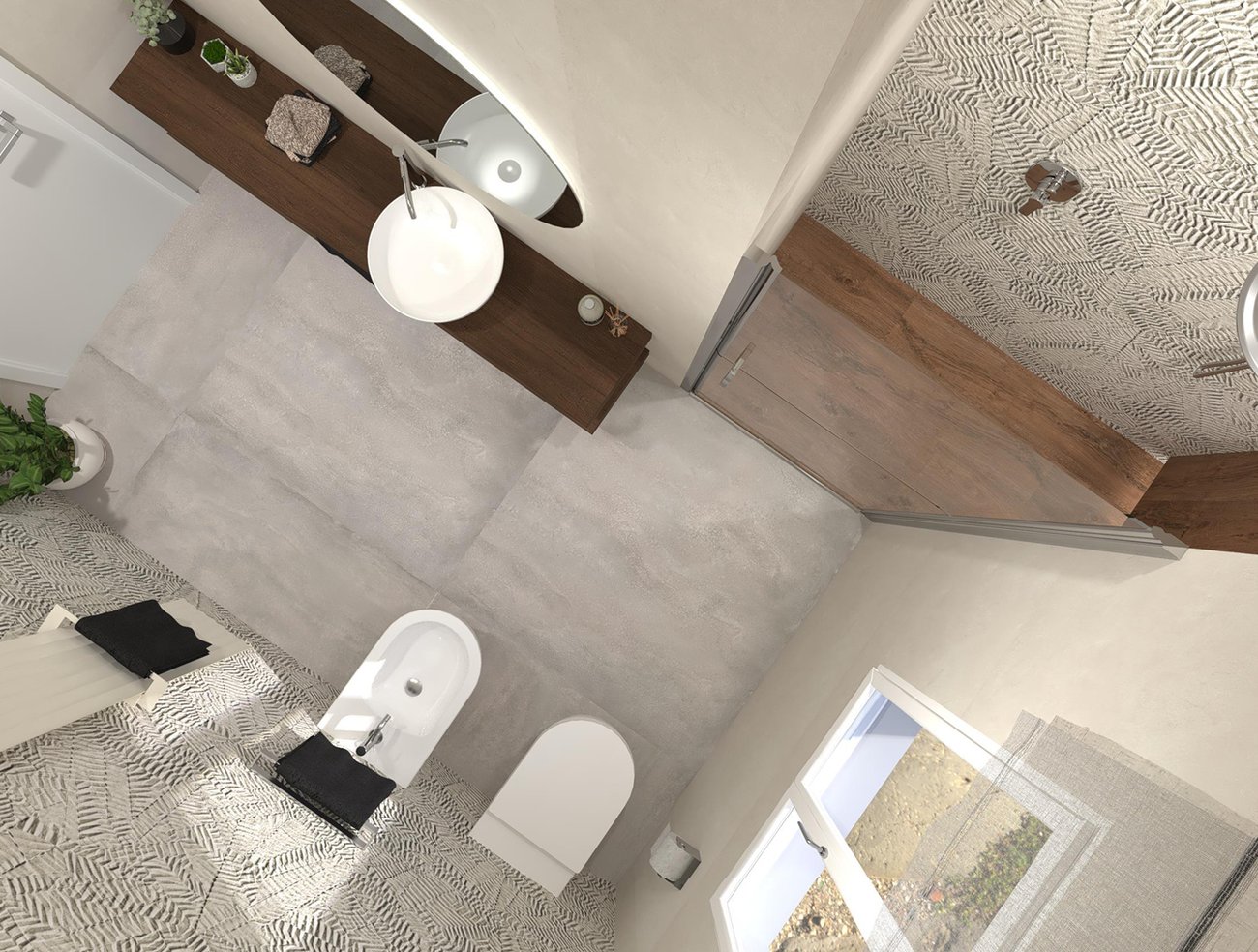 Bathroom design image in Rectangular shape, created with floor tiles YLICO, ROOTS and wall tiles BLOOM, ROOTS