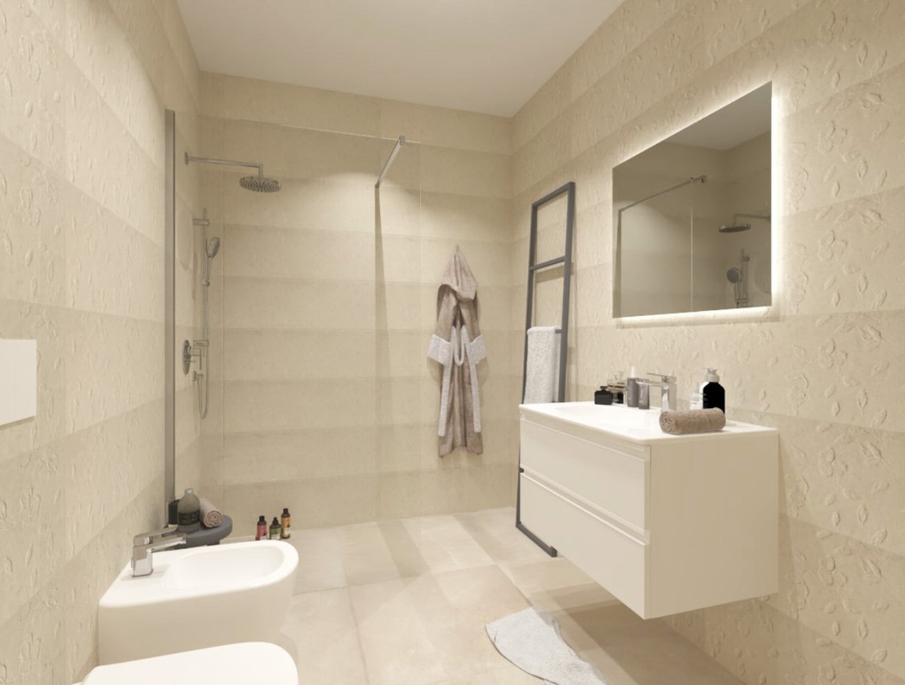 Bathroom design image in Squared shape, created with floor tiles MAKU and wall tiles LUMINA STONE