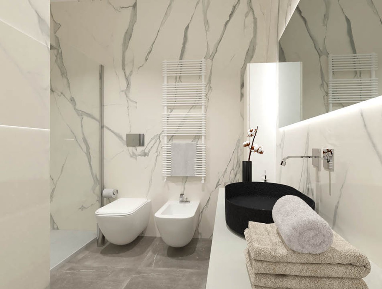 Image du projet de salle de bains de forme Au carré, réalisée avec des carreaux de sol MAKU et carreaux muraux ROMA DIAMOND