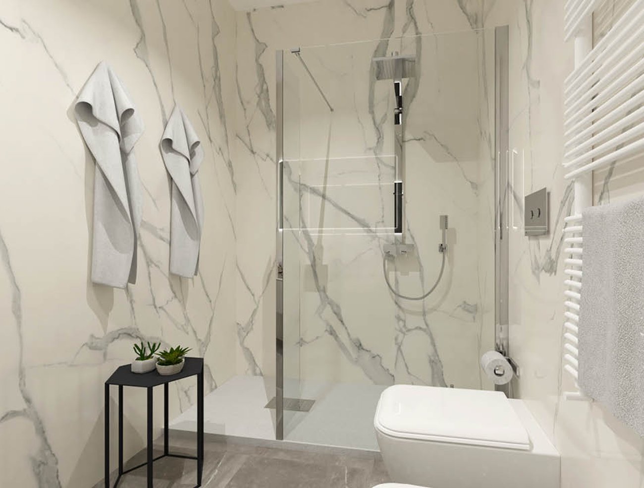 Image du projet de salle de bains de forme Au carré, réalisée avec des carreaux de sol MAKU et carreaux muraux ROMA DIAMOND