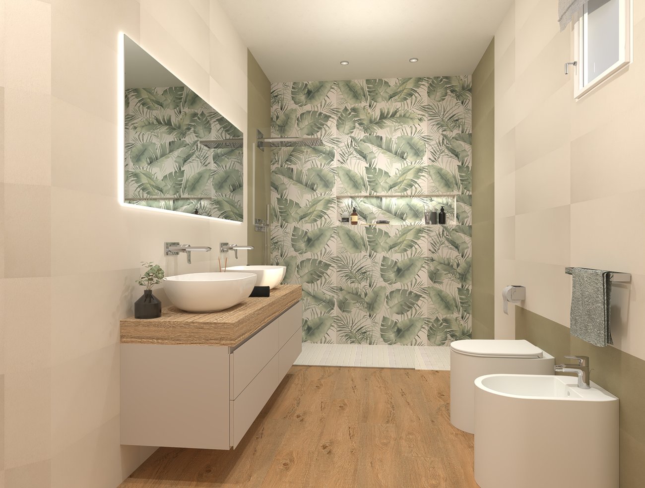 Bathroom design image in Rectangular shape, created with floor tiles SUMMER, ROOTS and wall tiles DECO&MORE, SUMMER
