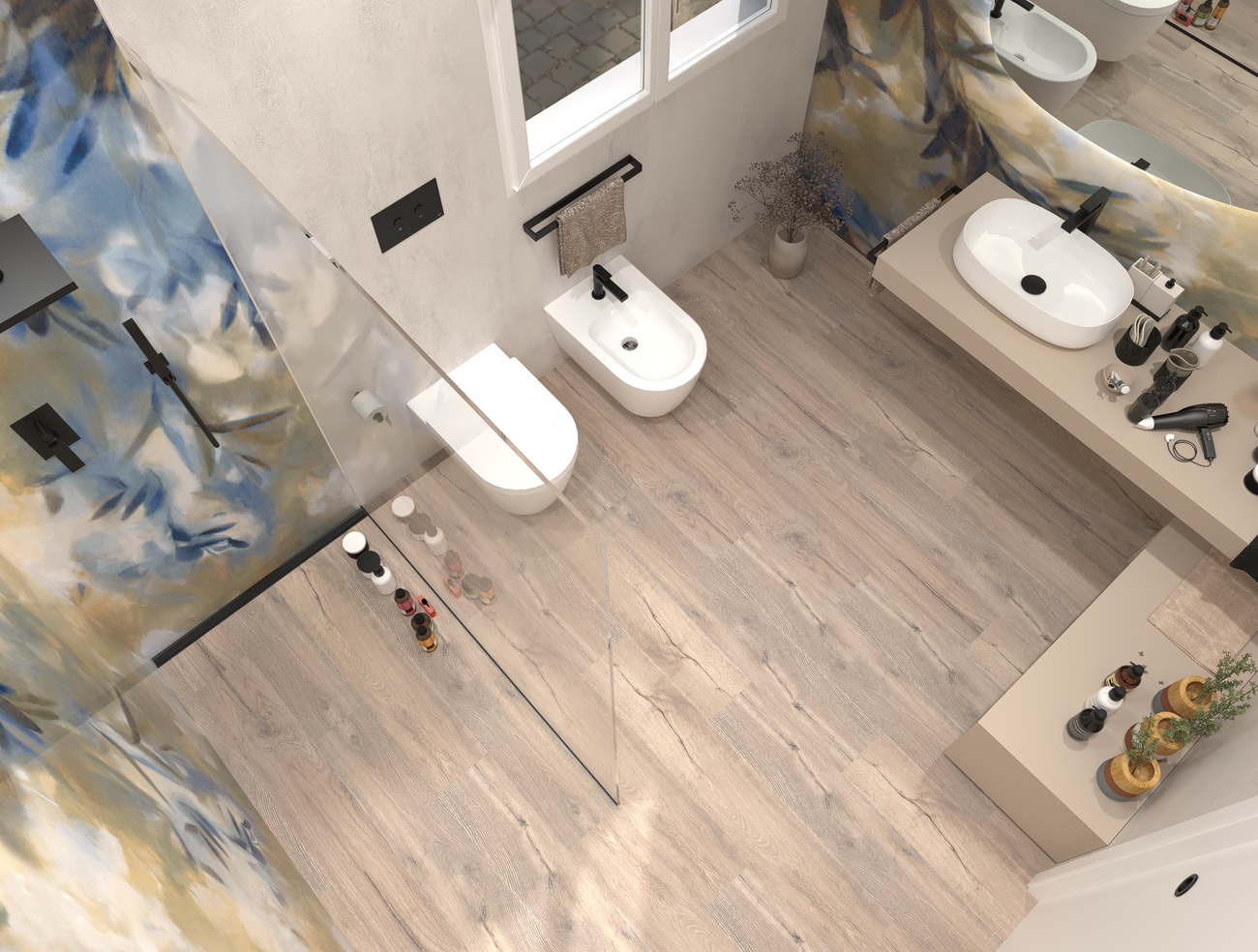 Bathroom design image in Rectangular shape, created with floor tiles ROOTS and wall tiles YLICO