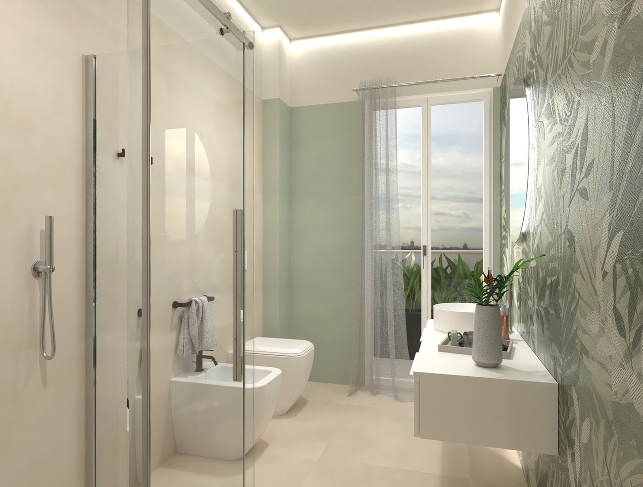 Bathroom design image in Rectangular shape, created with floor tiles MILANO MOOD and wall tiles FAP MURALS, BLOOM