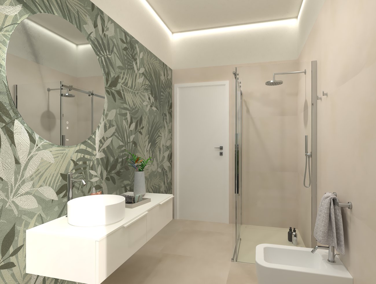 Bathroom design image in Rectangular shape, created with floor tiles MILANO MOOD and wall tiles FAP MURALS, BLOOM