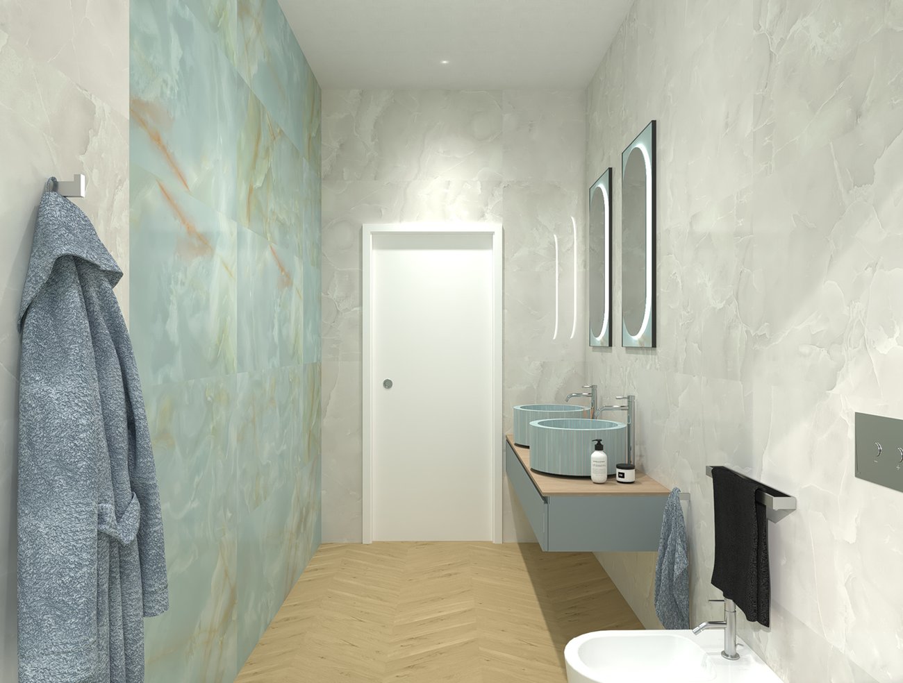 Bathroom design image in Rectangular shape, created with floor tiles ROOTS and wall tiles GEMME, ROMA GOLD