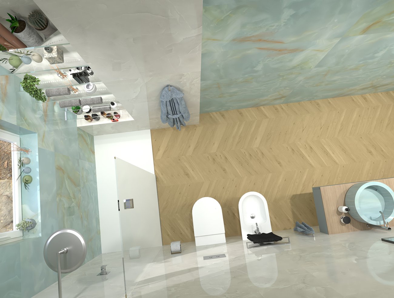 Bathroom design image in Rectangular shape, created with floor tiles ROOTS and wall tiles GEMME, ROMA GOLD