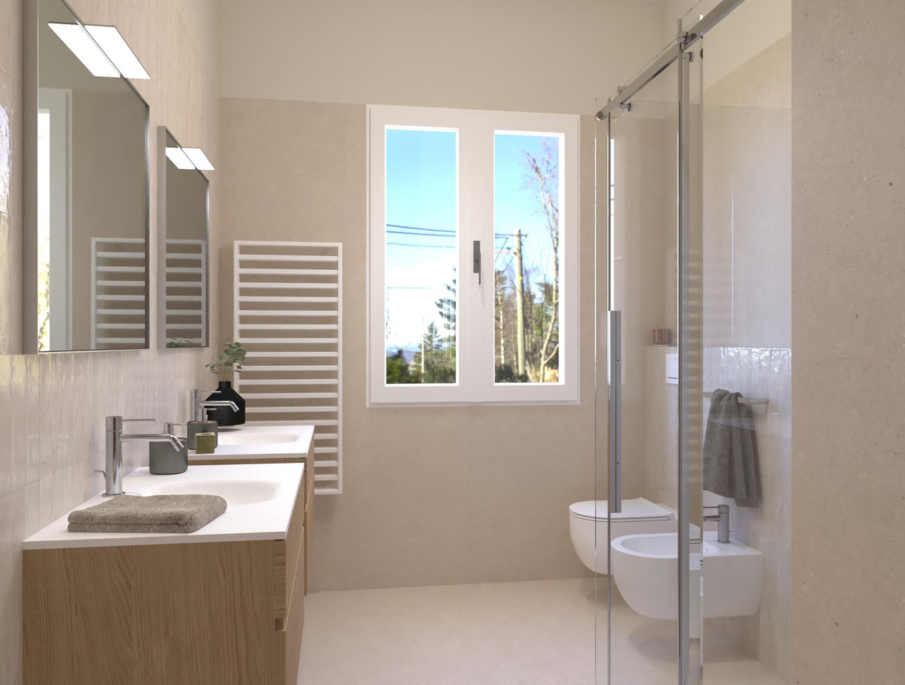 Bathroom design image in Rectangular shape, created with floor tiles MATERIA PURA and wall tiles GLIM, MATERIA PURA
