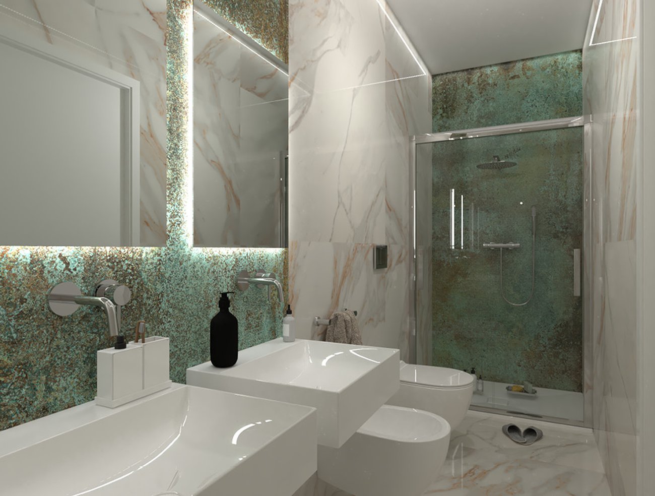 Image du projet de salle de bains de forme Rectangulaire, réalisée avec des carreaux de sol ROMA GOLD et carreaux muraux ROMA GOLD