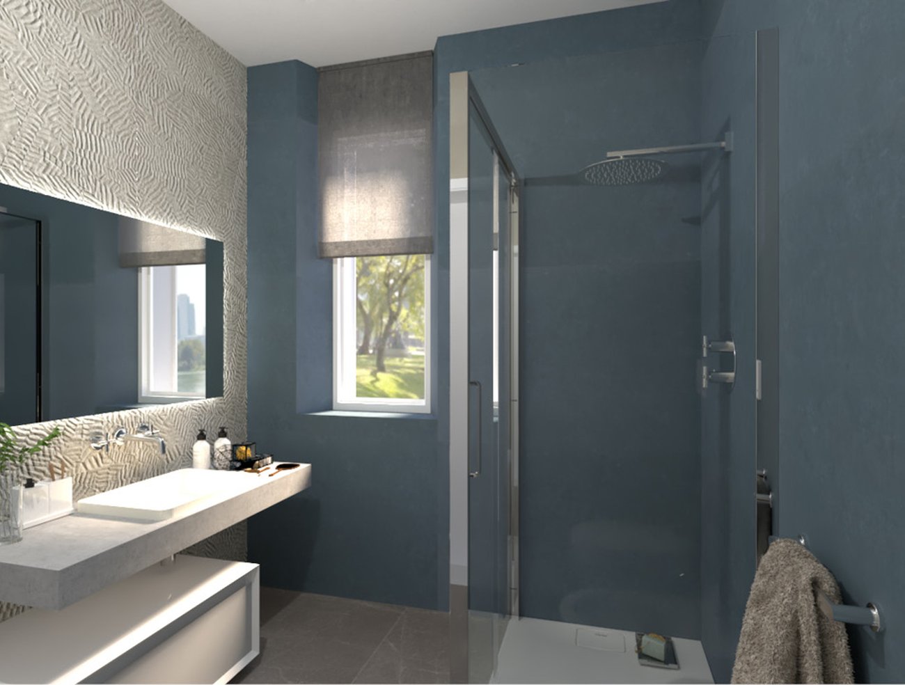 Image du projet de salle de bains de forme Rectangulaire, réalisée avec des carreaux de sol BLOK et carreaux muraux BLOOM