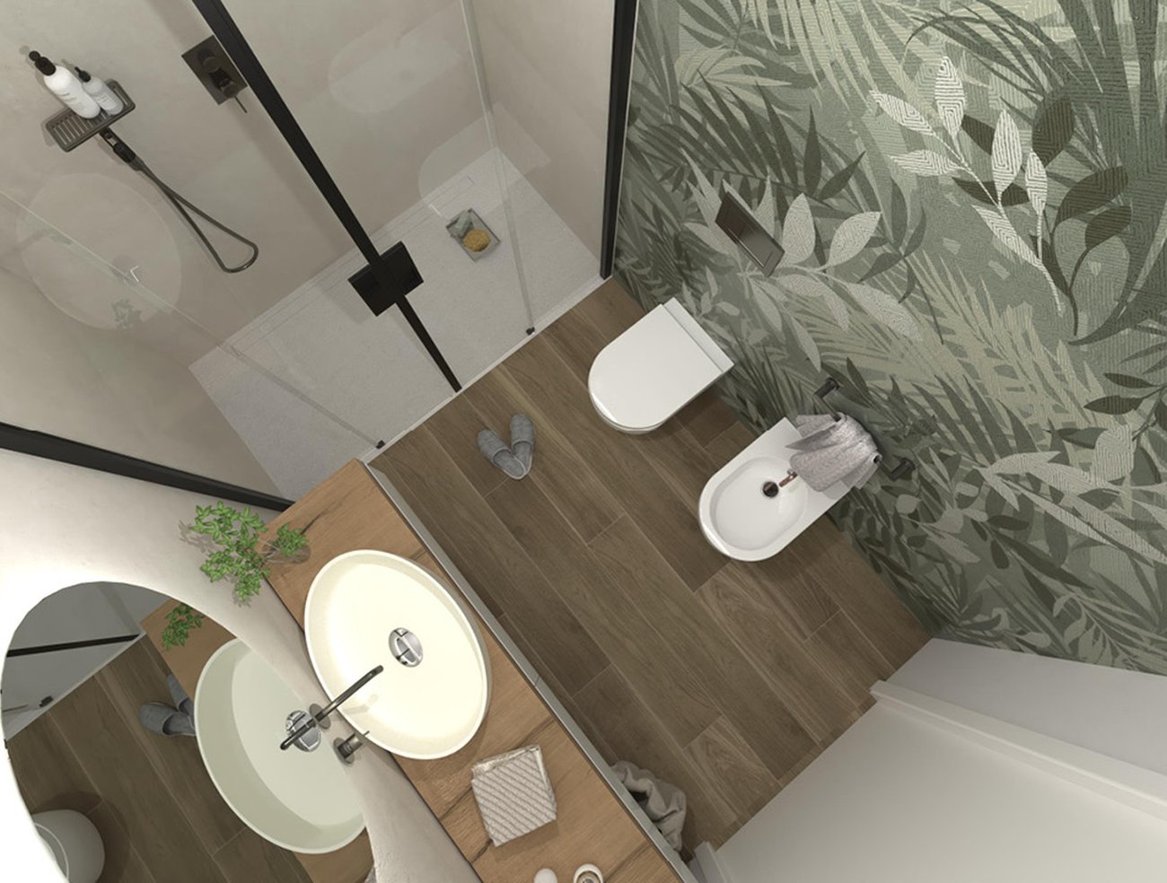 Bathroom design image in Rectangular shape, created with floor tiles FAPNEST and wall tiles BLOOM, FAP MURALS