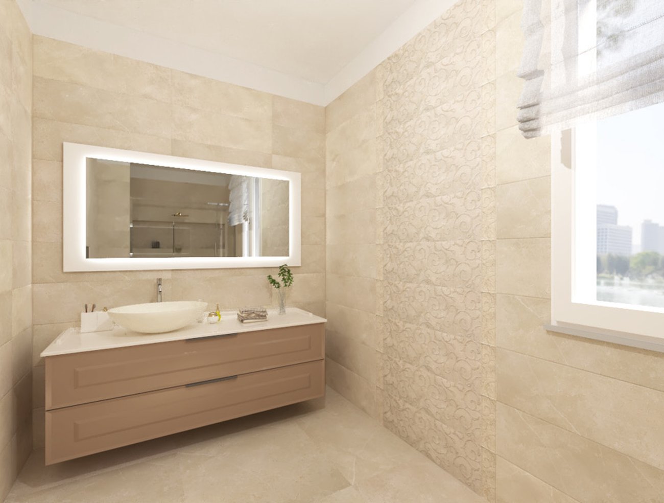 Image du projet de salle de bains de forme Rectangulaire, réalisée avec des carreaux de sol ROMA et carreaux muraux ROMA