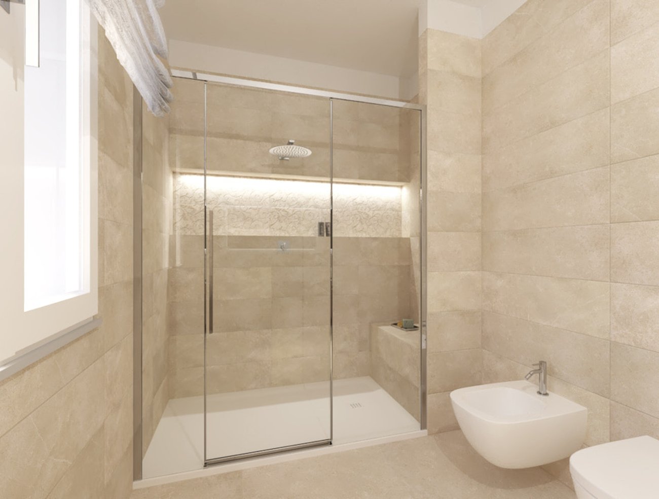 Image du projet de salle de bains de forme Rectangulaire, réalisée avec des carreaux de sol ROMA et carreaux muraux ROMA