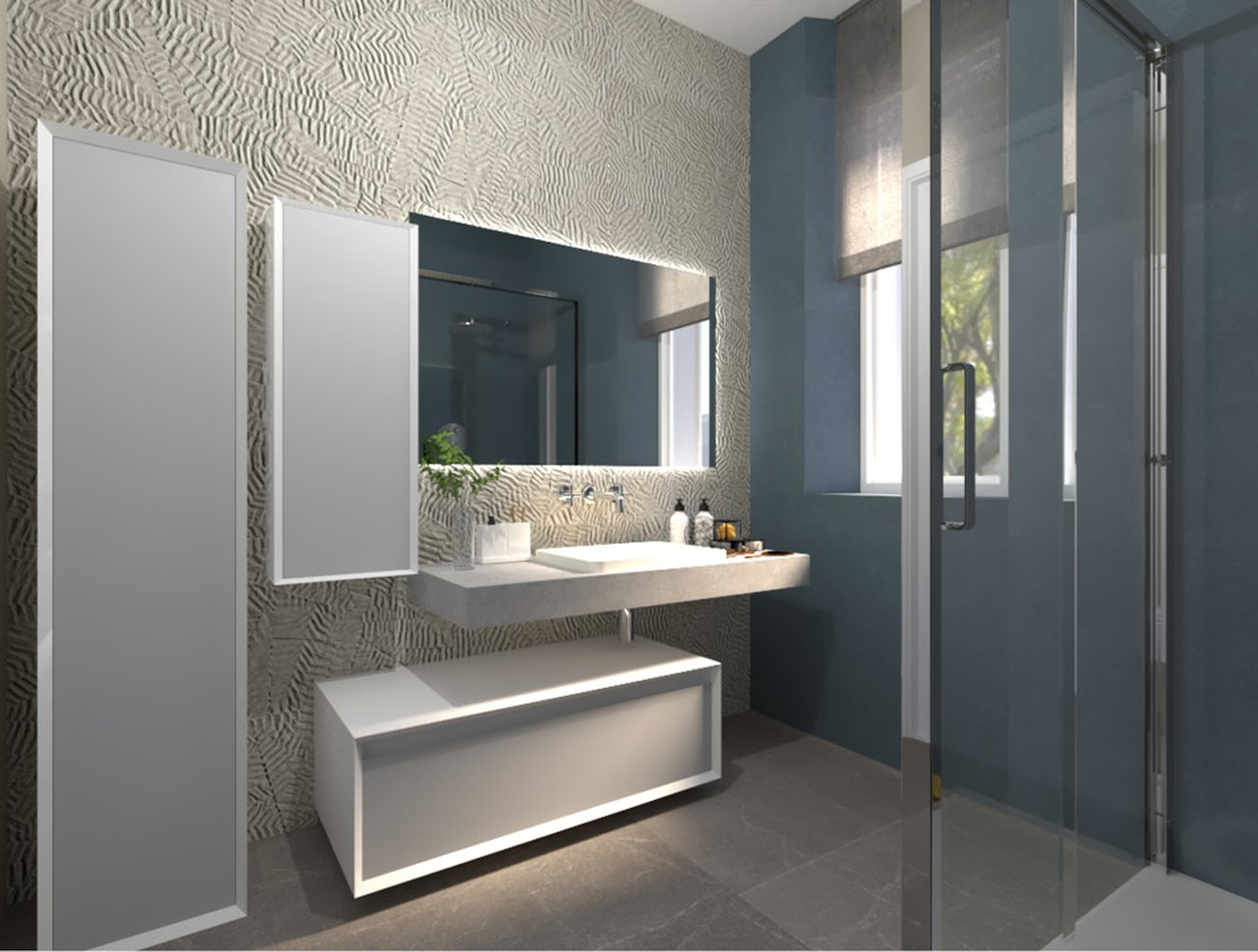 Image du projet de salle de bains de forme Rectangulaire, réalisée avec des carreaux de sol BLOK et carreaux muraux BLOOM