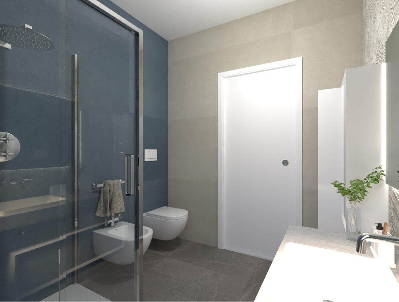 Image du projet de salle de bains de forme Rectangulaire, réalisée avec des carreaux de sol BLOK et carreaux muraux BLOOM