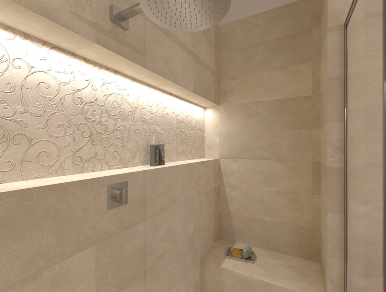 Image du projet de salle de bains de forme Rectangulaire, réalisée avec des carreaux de sol ROMA et carreaux muraux ROMA