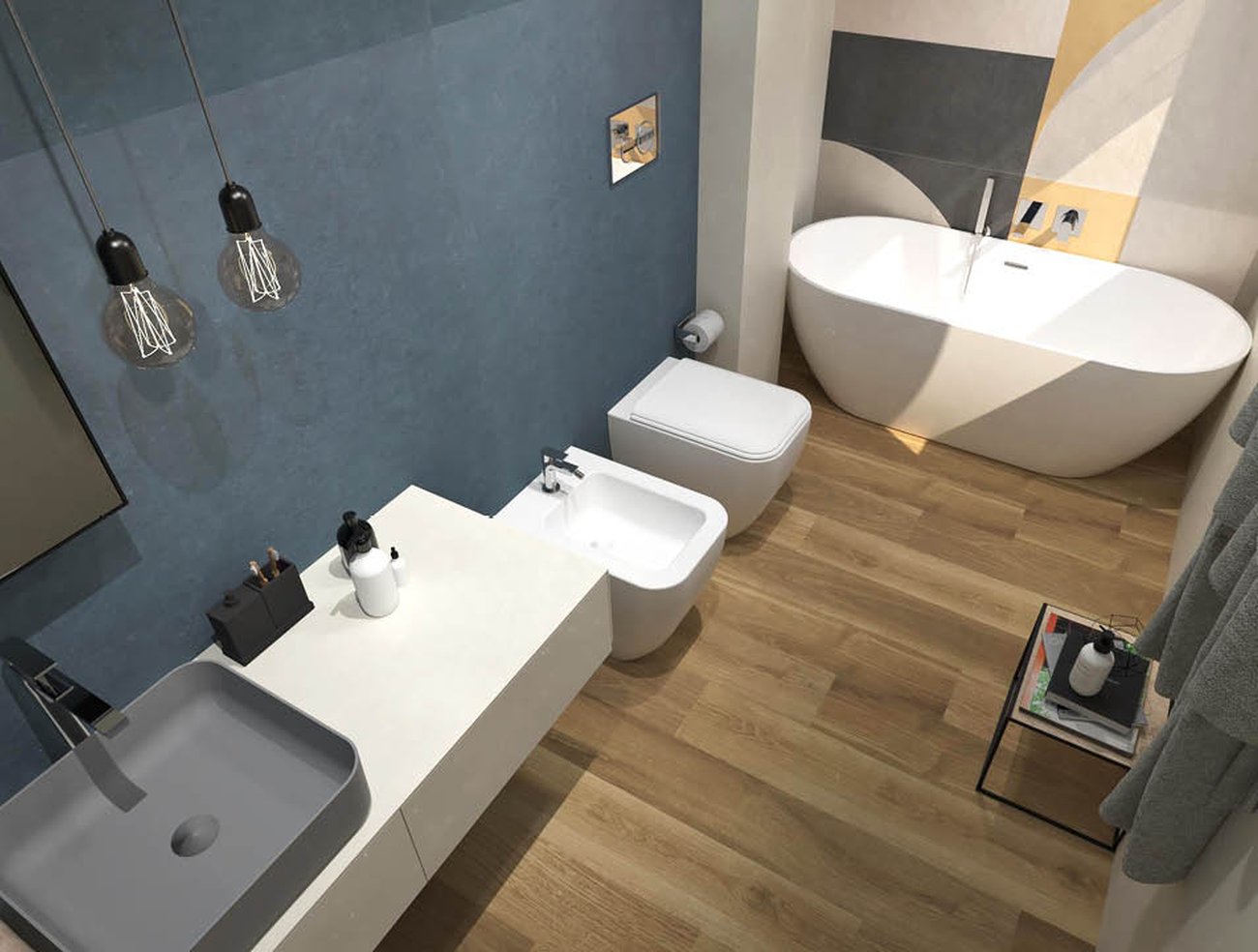 Bathroom design image in Rectangular shape, created with floor tiles FAPNEST and wall tiles BLOOM, FAP MURALS
