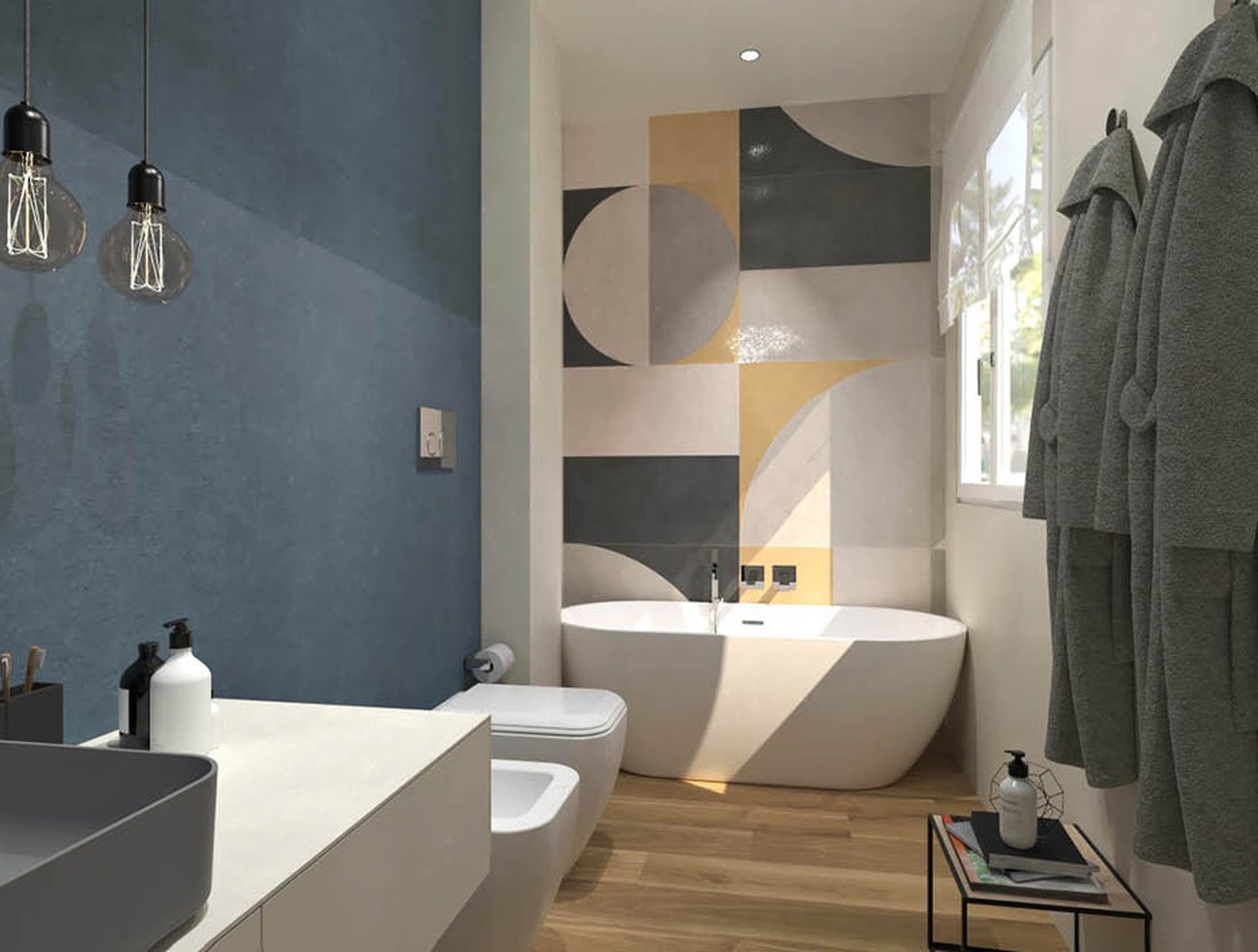Bathroom design image in Rectangular shape, created with floor tiles FAPNEST and wall tiles BLOOM, FAP MURALS